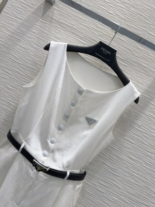 Prada 2025 Sleeveless Dress with Belt Navy Blue and White Linen