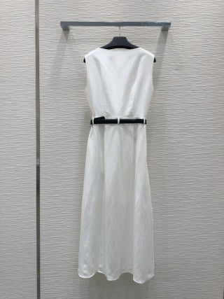 Prada 2025 Sleeveless Dress with Belt Navy Blue and White Linen
