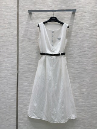 Prada 2025 Sleeveless Dress with Belt Navy Blue and White Linen