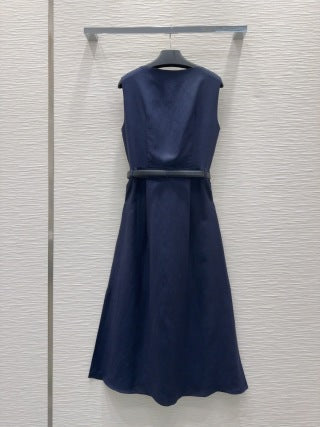 Prada 2025 Sleeveless Dress with Belt Navy Blue and White Linen