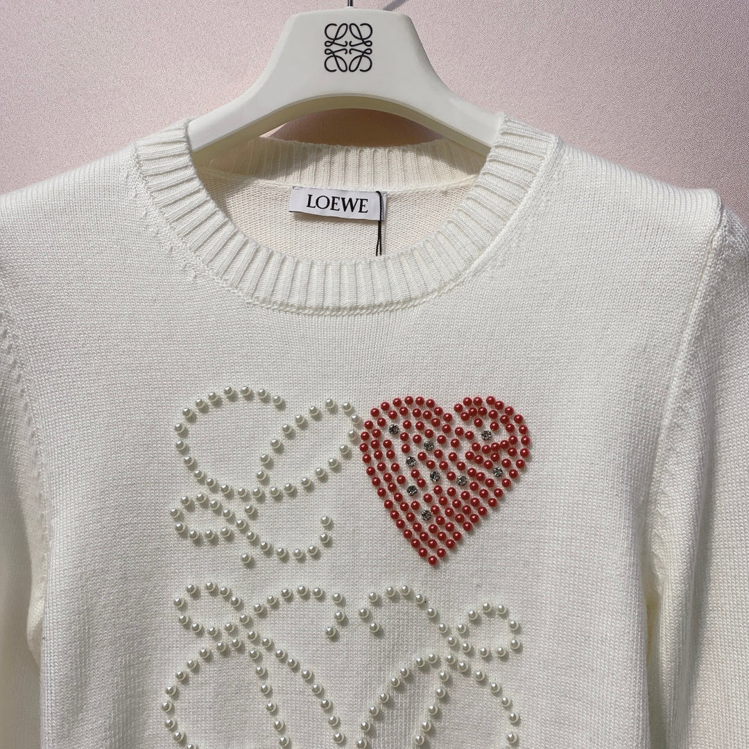 Loewe 2025 White and Blue Beaded Logo Sweater Wool Cashmere 314435