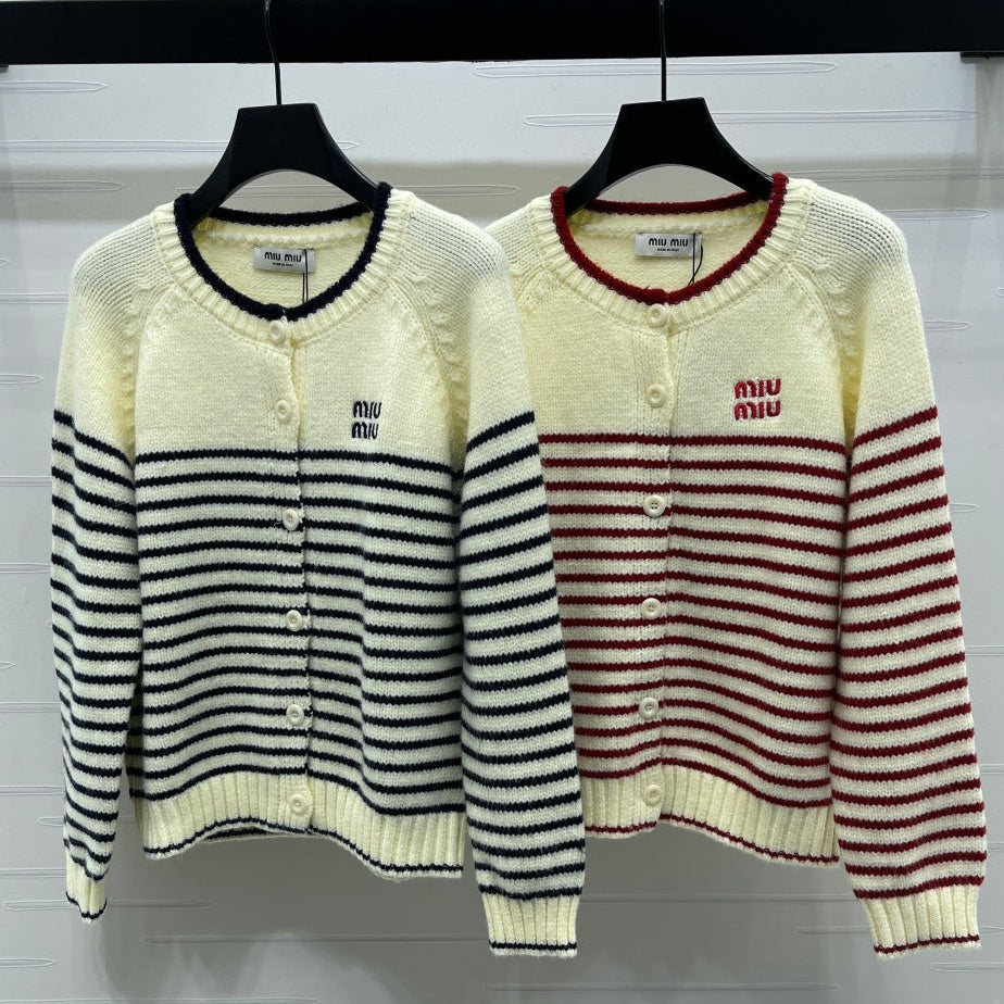 Chanel 2026 Striped Knit Crew Neck Long-sleeved Cardigan Wool