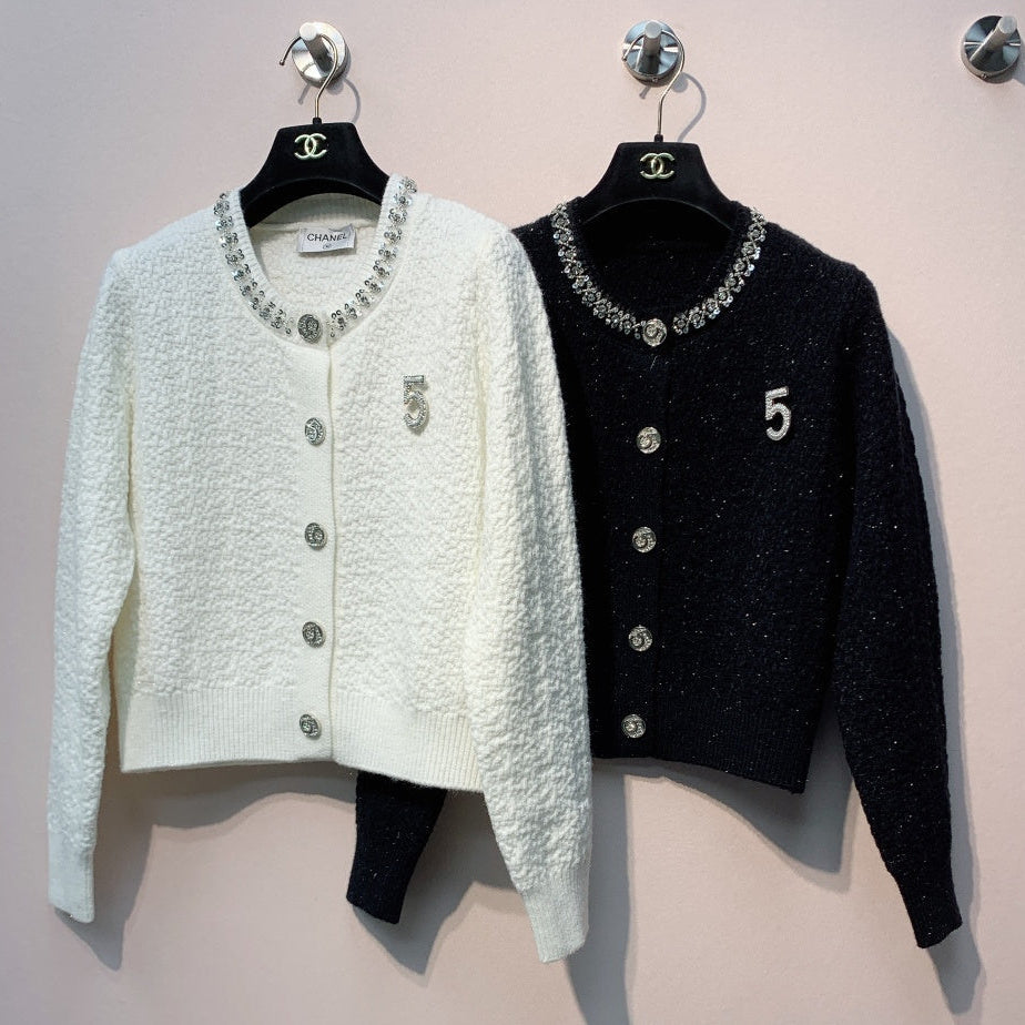 Chanel 25 Round Neck Sequined Custom Button Knit Cardigan Wool 317963