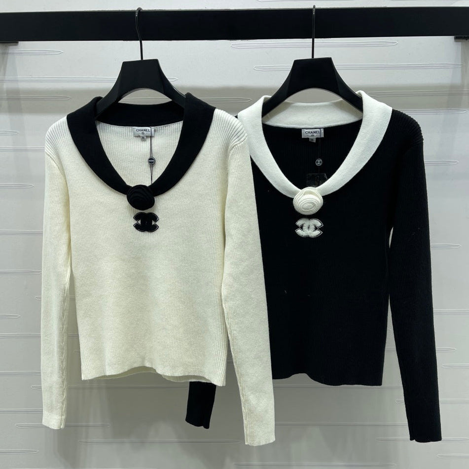Chanel 2026 Knit Long-sleeved Top Black and White Wool