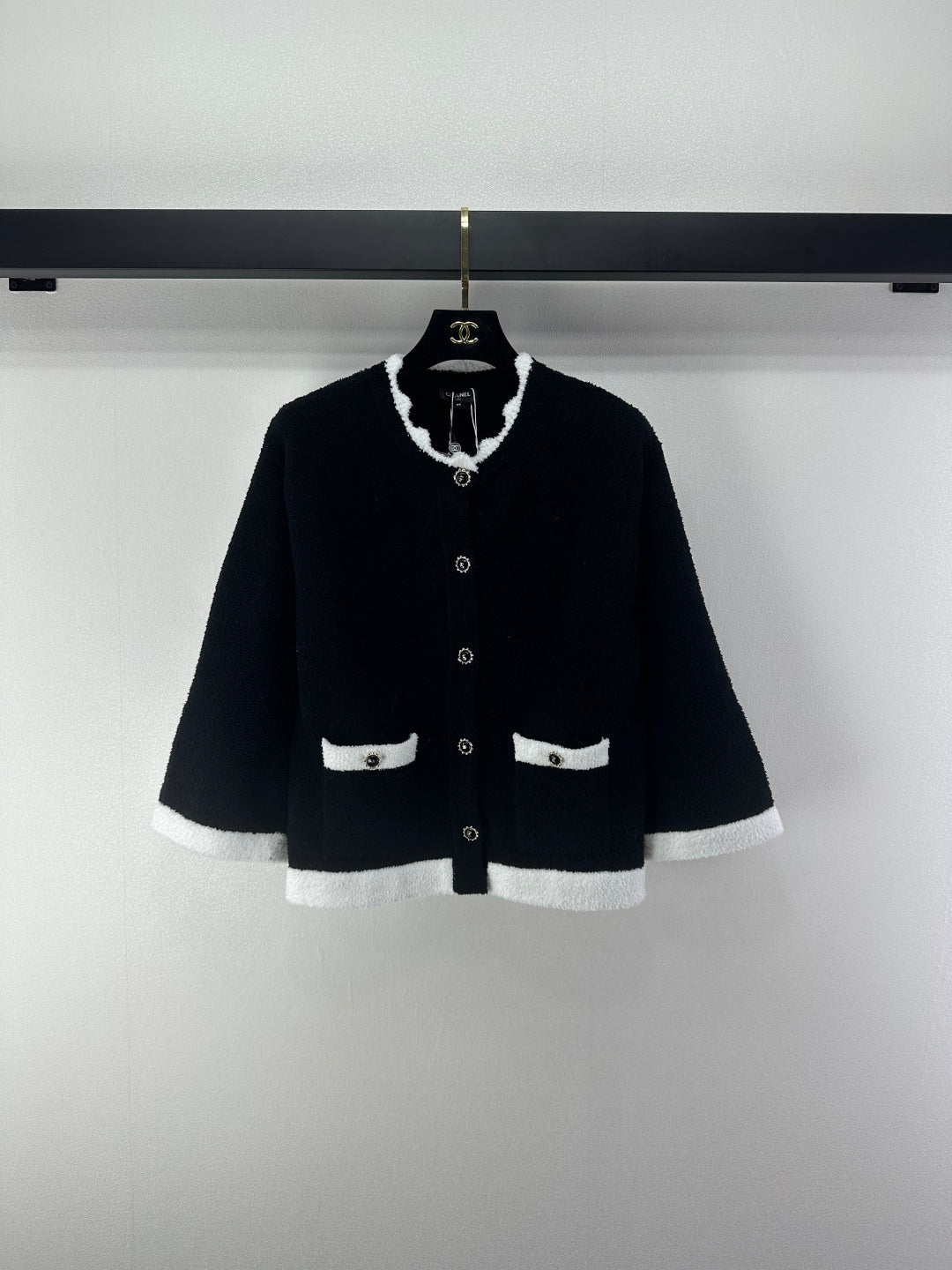 Chanel 2025 Round Neck Lace Cardigan Black White Wool 325690