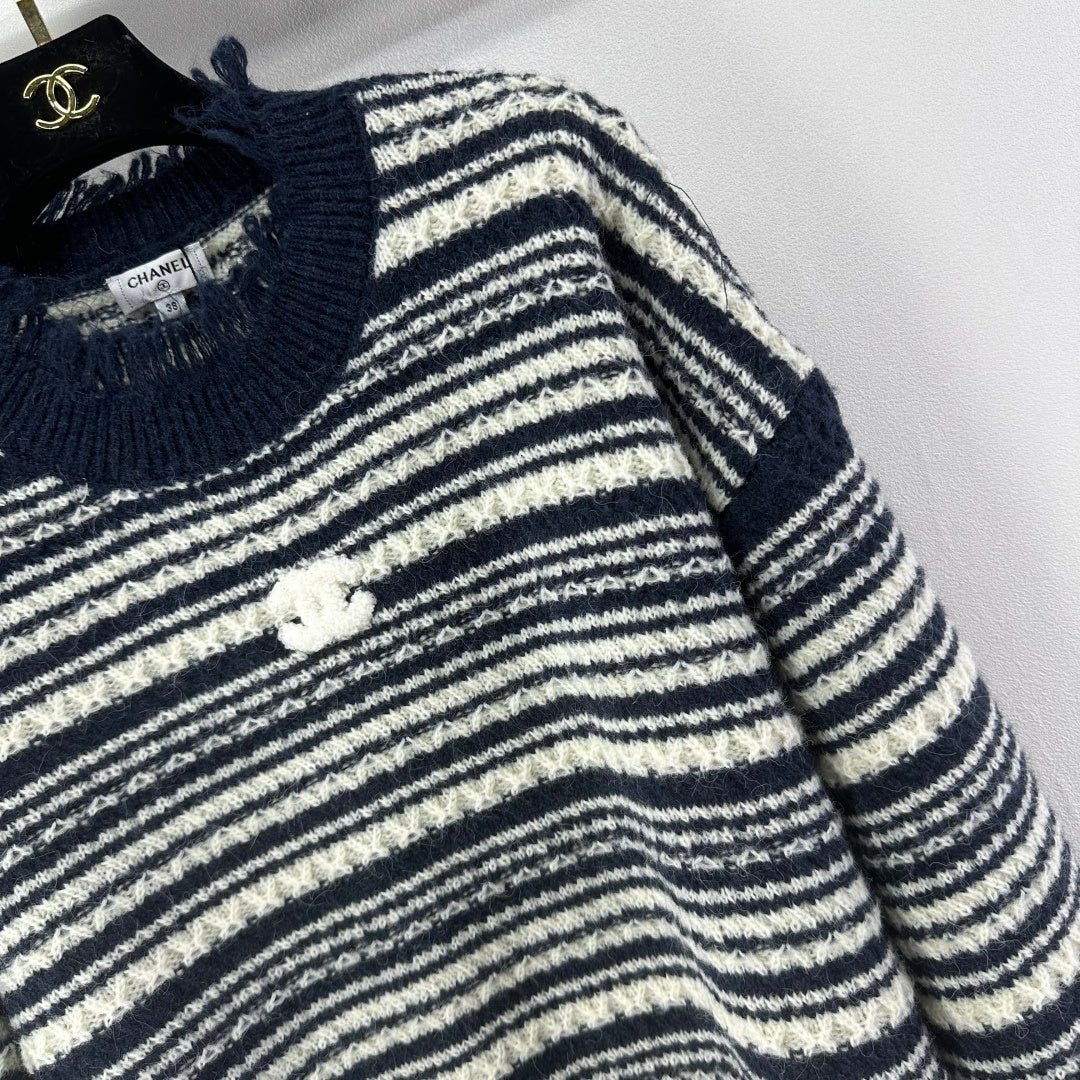 Chanel 2025 Striped Sweater Blue and Red Wool Cashmere