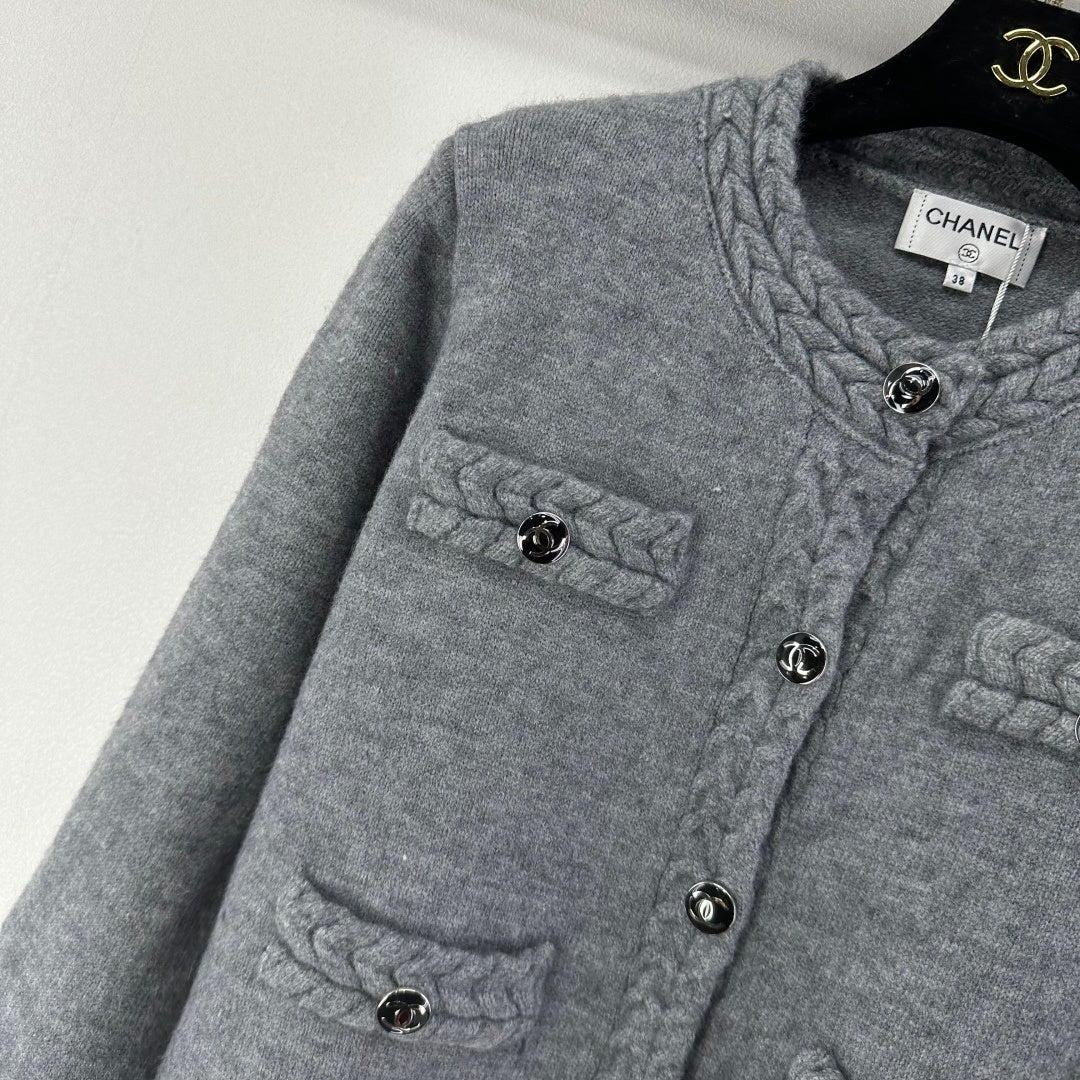 Chanel 2025 Cardigan Grey and Olive Brown Wool 329282
