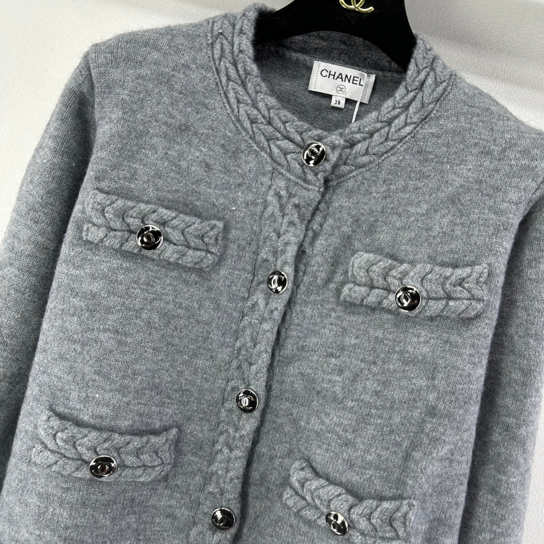 Chanel 2025 Cardigan Grey and Olive Brown Wool 329282