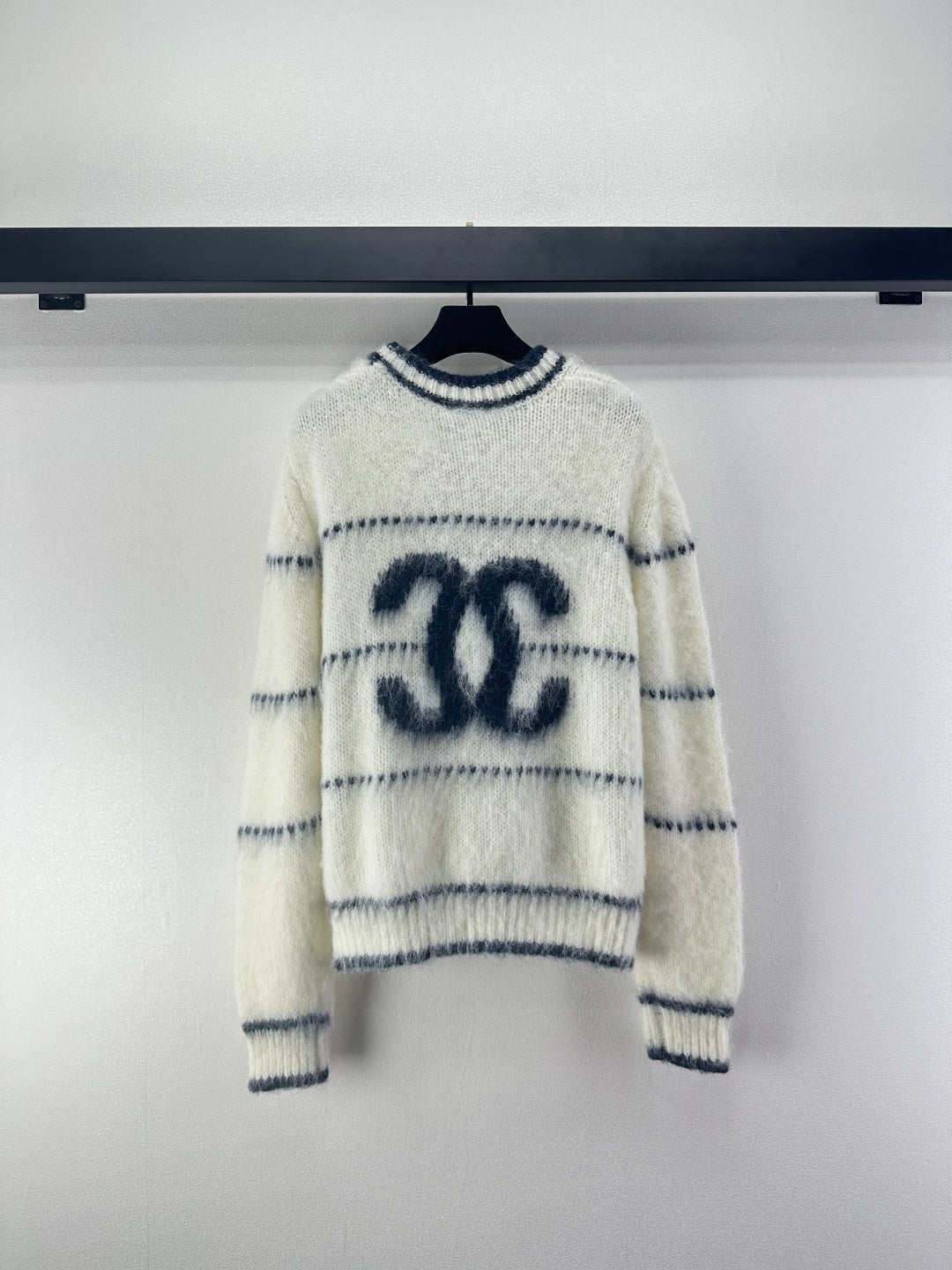 Chanel 2025 Fuzzy Striped Sweater Blue and White Wool 329253