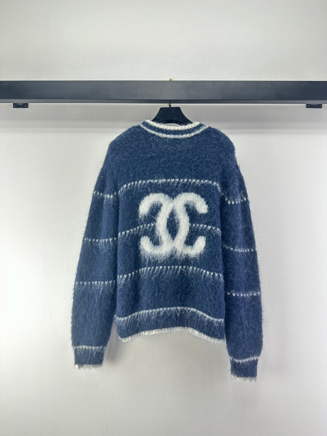 Chanel 2025 Fuzzy Striped Sweater Blue and White Wool 329253