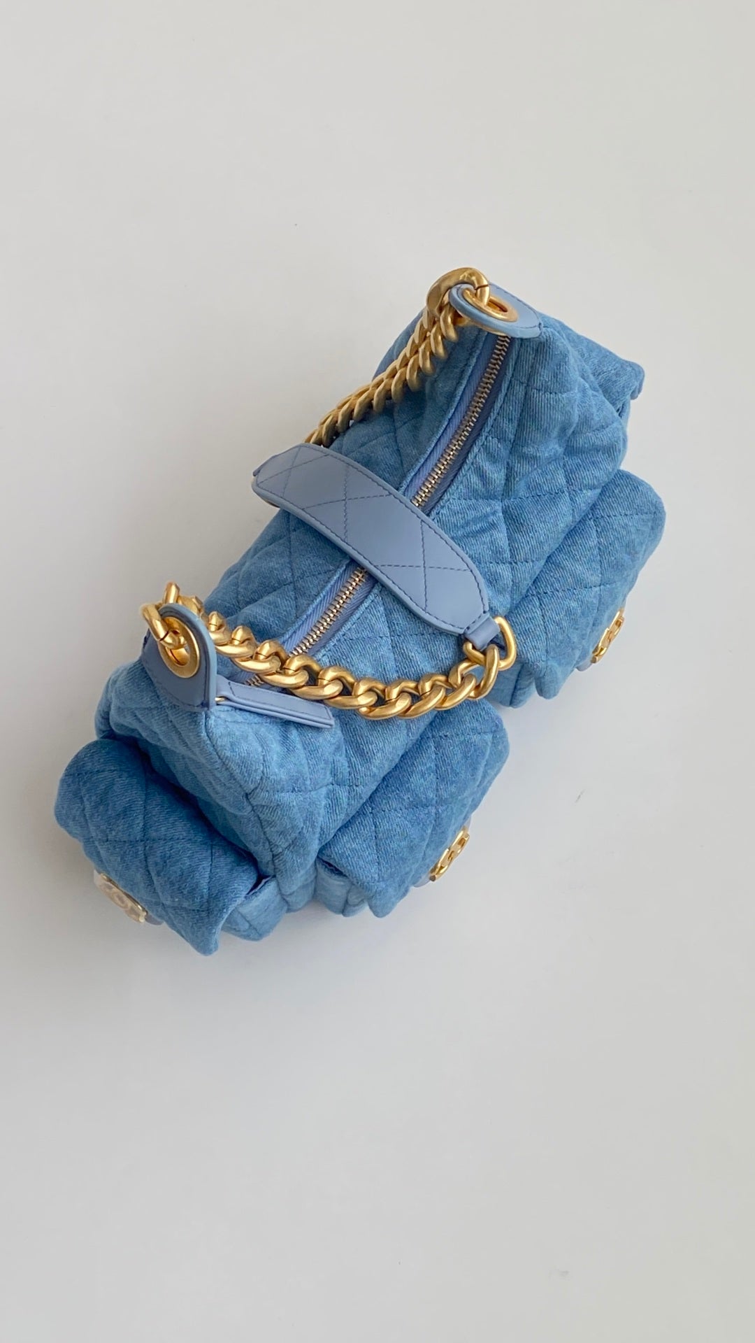 Chanel 25 Large Cargo Hobo Bag Blue Gold Denim Fabric