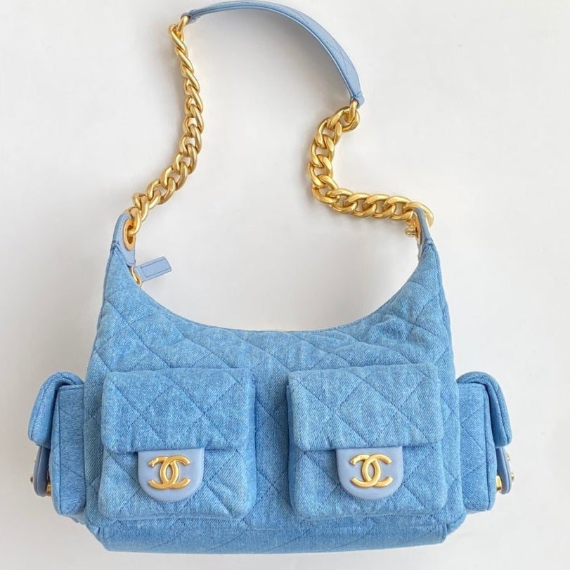 Chanel 25 Large Cargo Hobo Bag Blue Gold Denim Fabric
