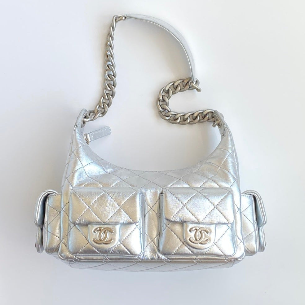 Chanel 25 Large Cargo Hobo Bag Silver Lambskin