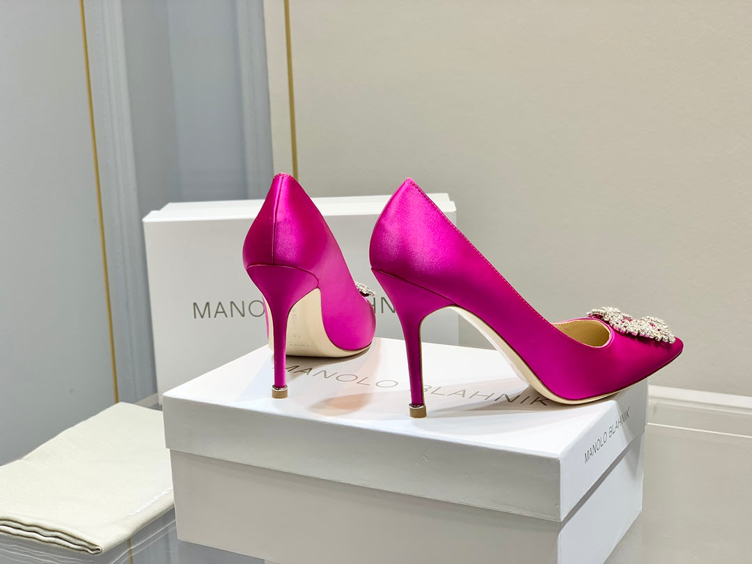 Manolo Diamond Buckle Pumps Dark Pink Silk 327502