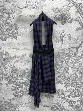 CD 25 Halter-neck Backless Dress Purple Black Wool Fabric