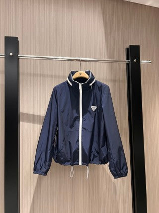 Prada Stand-up Collar Hooded Jacket Dark Blue and Khaki nylon