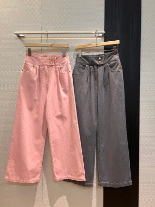 LV Flower Denim Wide Leg Pants Pink Grey