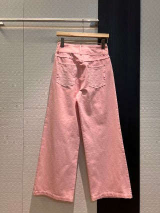 LV Flower Denim Wide Leg Pants Pink Grey