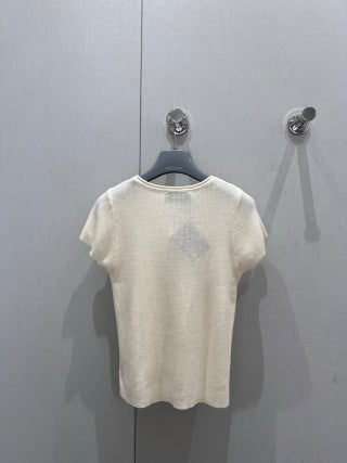 Prada 25 Letter Embroidered Knitted Short-sleeved Top Wool Acrylic Nylon 216873