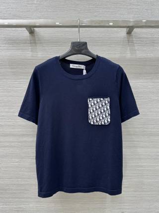 CD 25 Knitted Short-sleeved Top Blue and White Cotton