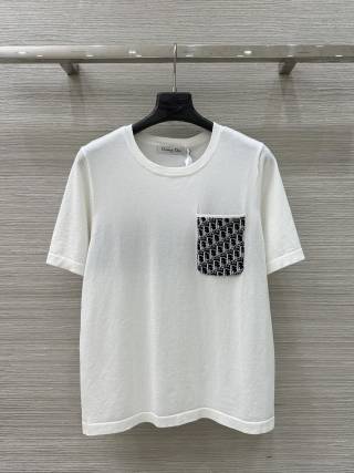 CD 25 Knitted Short-sleeved Top Blue and White Cotton