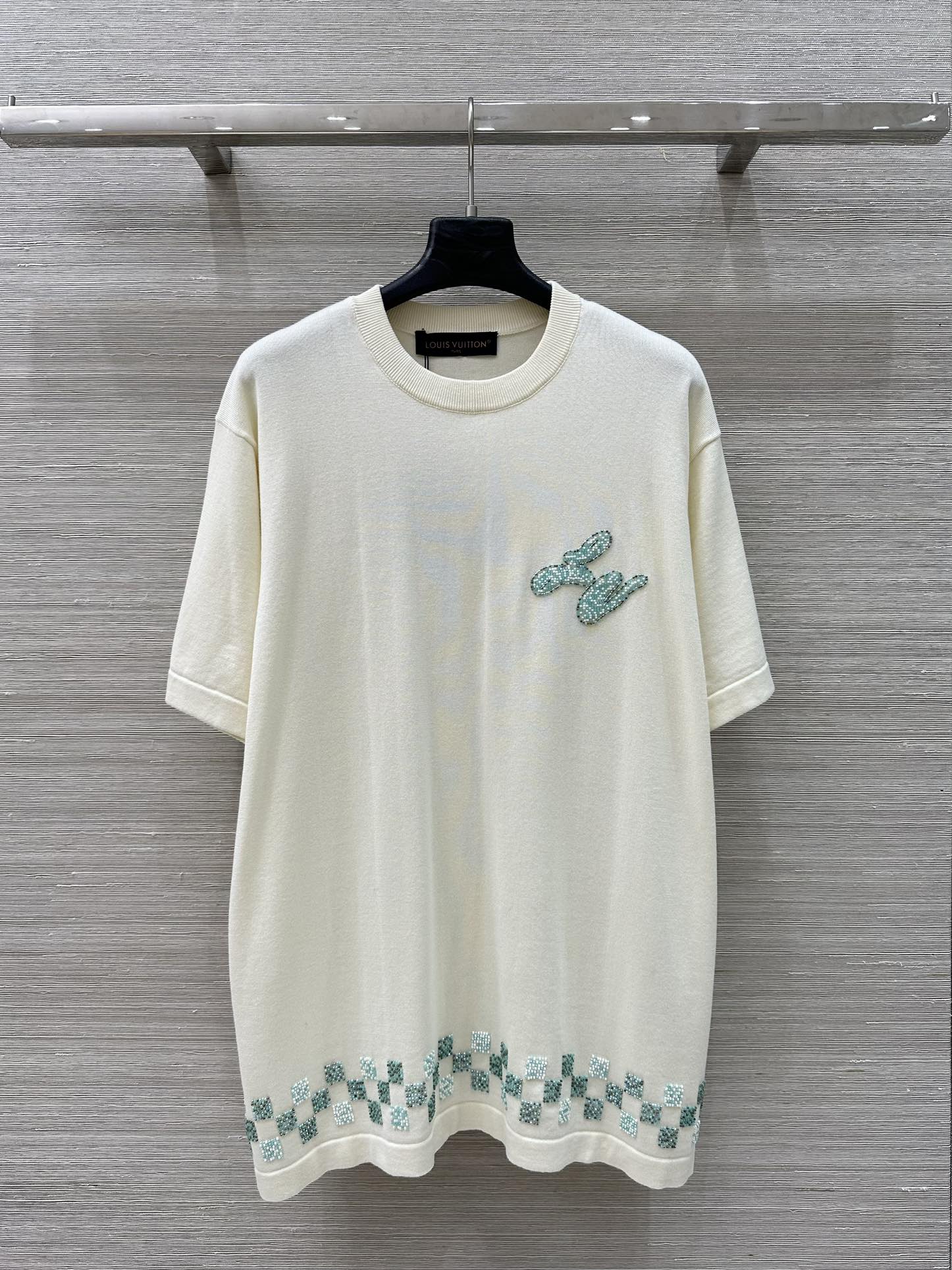 LV 25 Plaid Beading Embroidered Letters Casual  T-Shirt White Beige Cotton