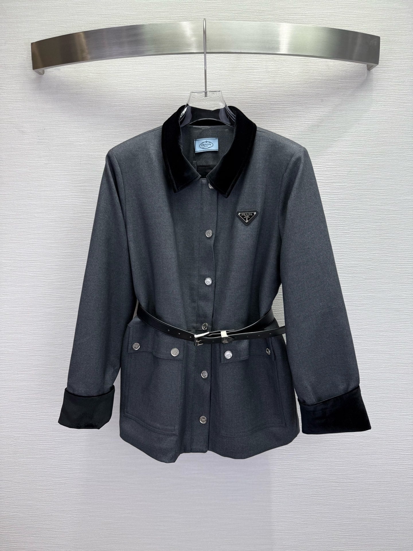 Prada 2025 Jacket With Belt Black and Gray Cotton Wool