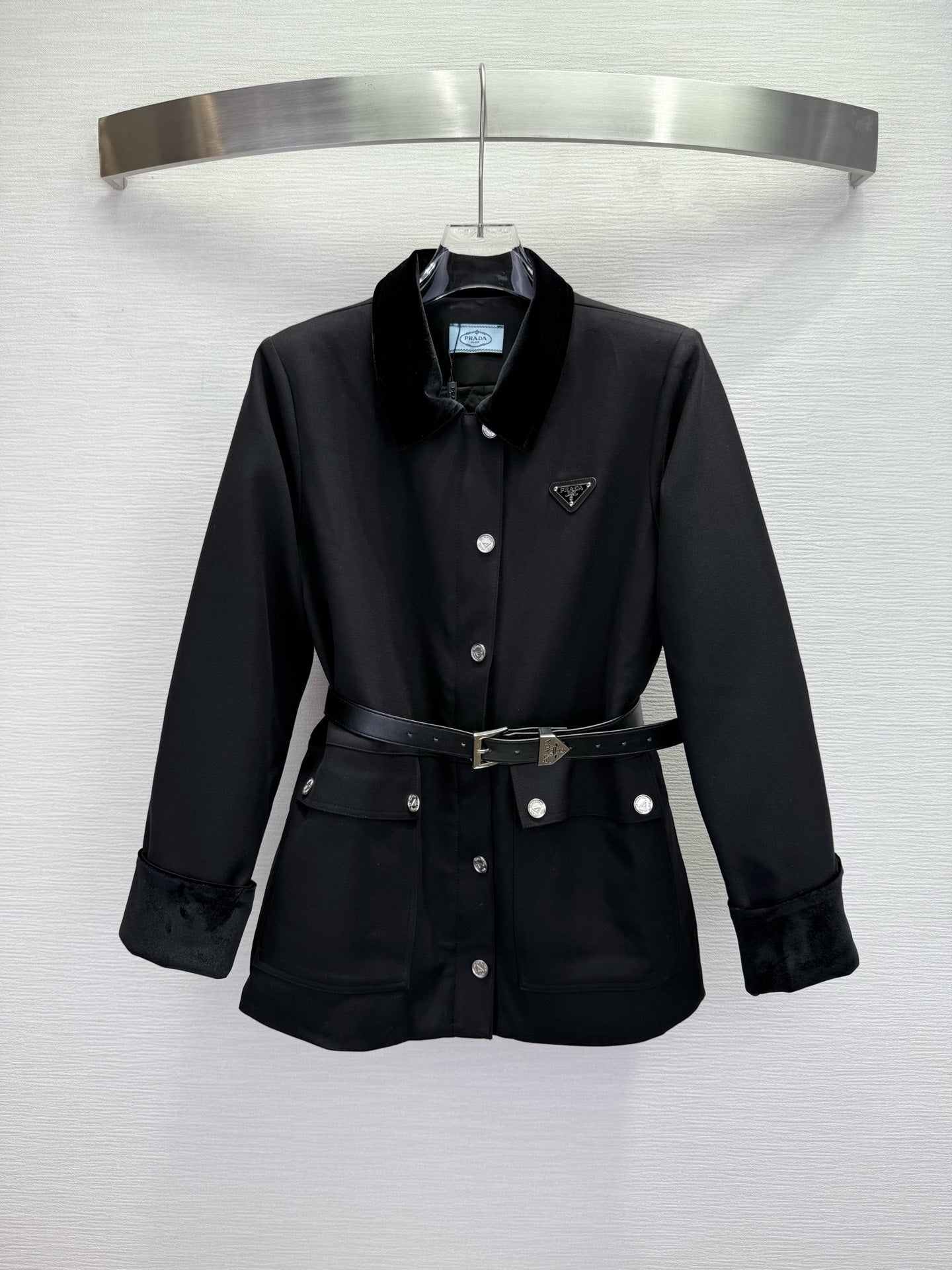 Prada 2025 Jacket With Belt Black and Gray Cotton Wool
