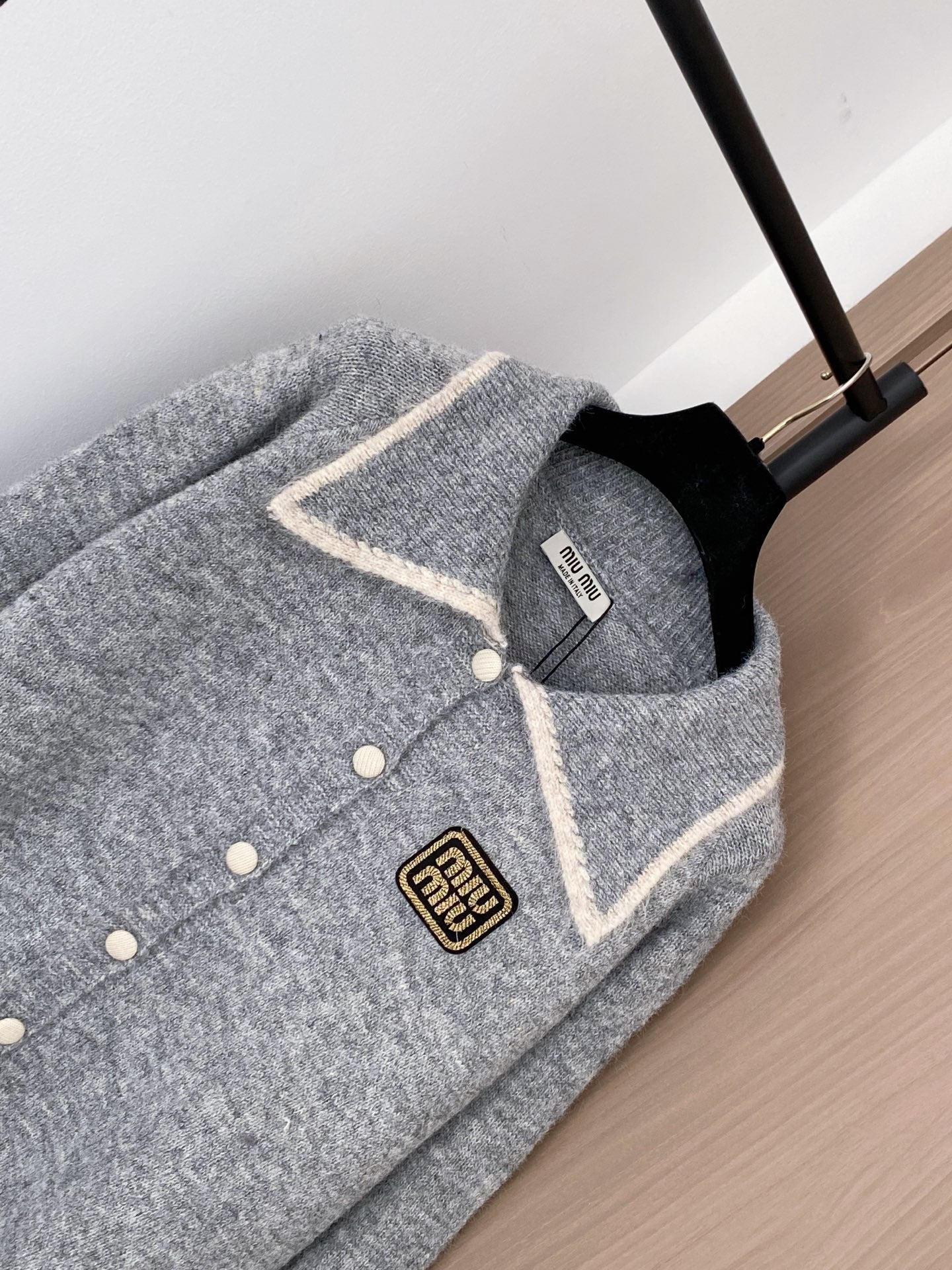 Miumiu 2025 Patch Cardigan Gray and Beige Wool