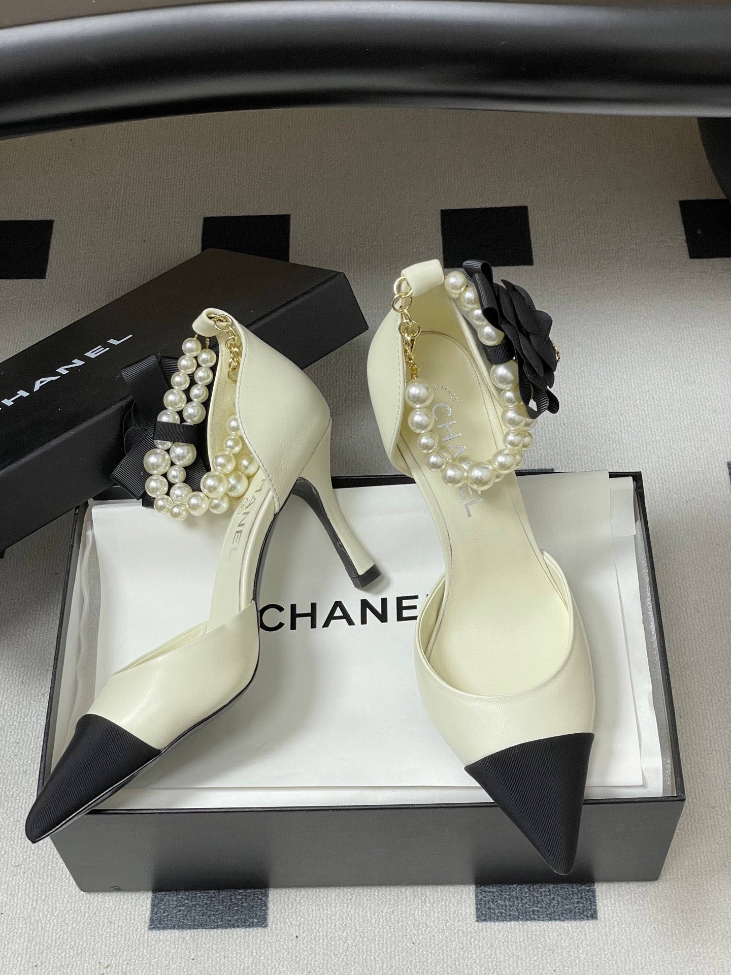 CC 26 Heeled 70mm Slingback With Pearl Ankle Strap Lambskin Fabric