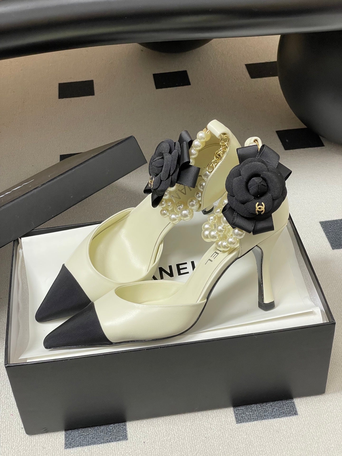 CC 26 Heeled 70mm Slingback With Pearl Ankle Strap Lambskin Fabric