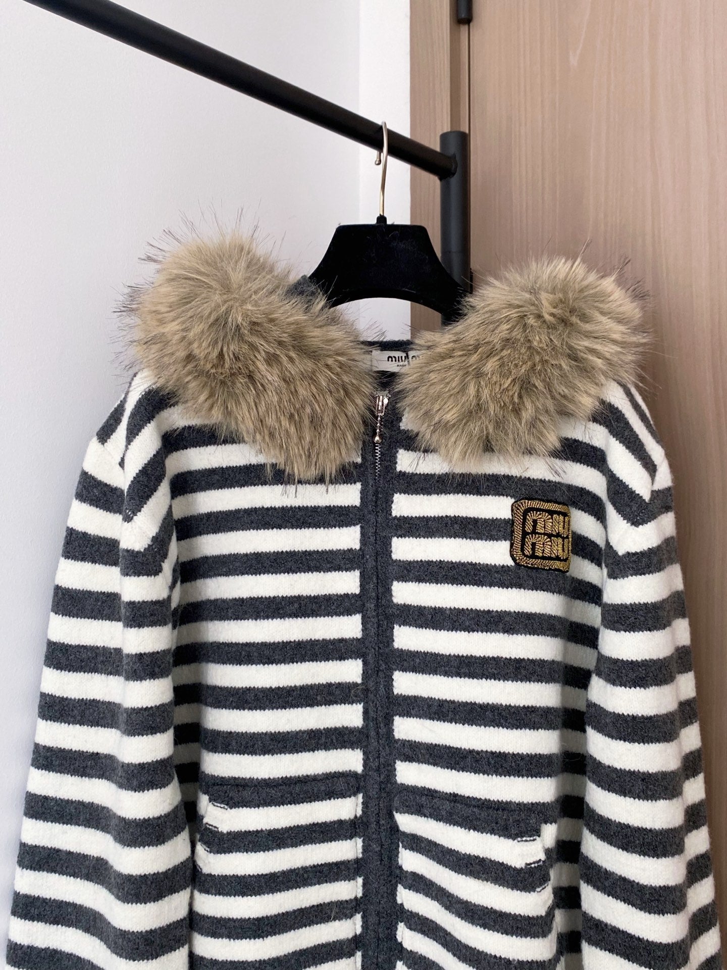 Miumiu 2025 Fur Hoodie Stripe Jacket Wool