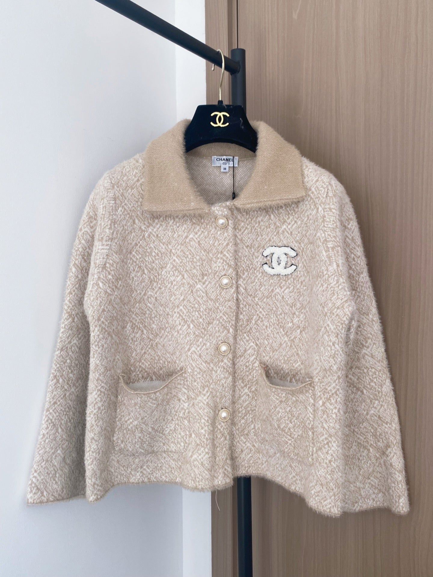 Chanel 2025 Two-tone Cardigan Beige and Gray Polyester Wool