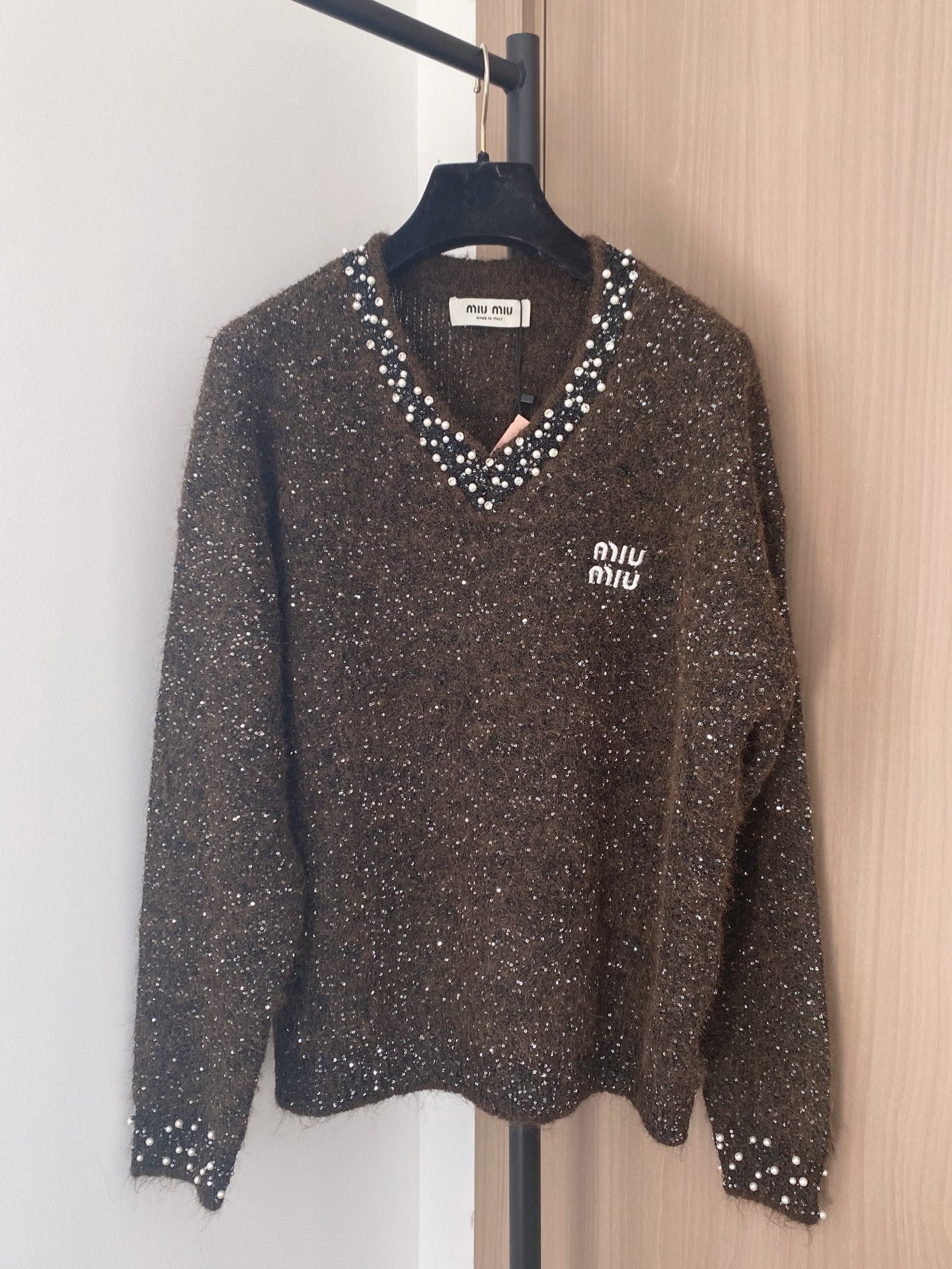 Miumiu 2025 Long-Sleeve Shirt with Logo Embellishment Wool
