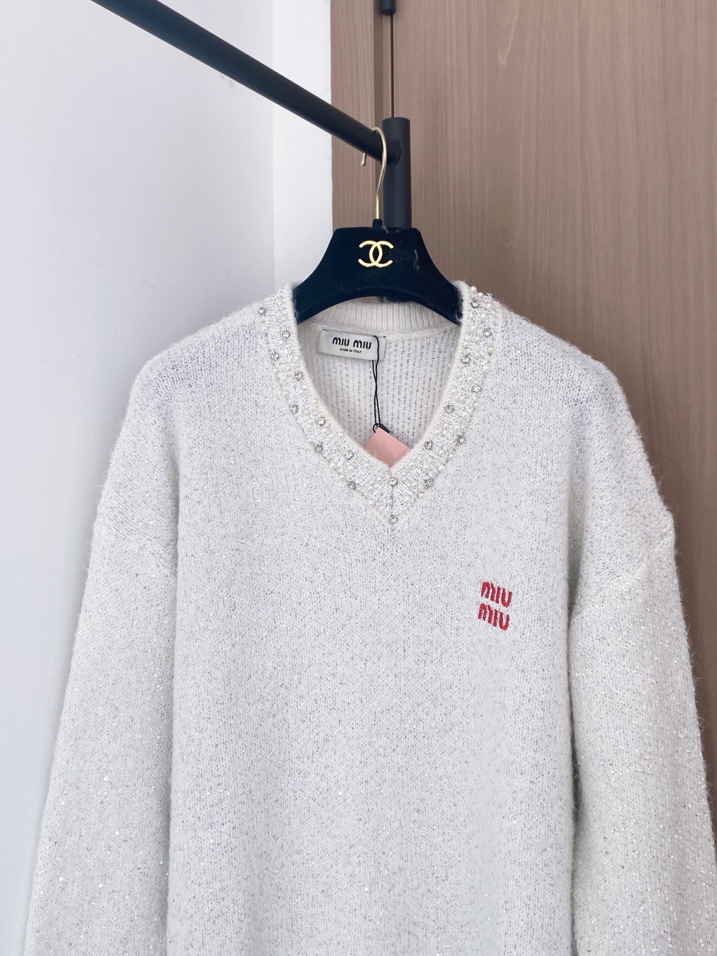 Miumiu 2025 Long-Sleeve Shirt with Logo Embellishment Wool