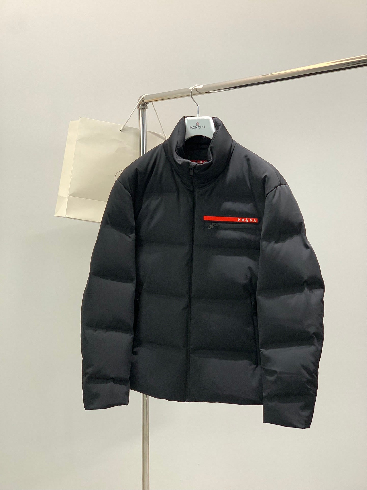 Prada 2025 Cropped Technical Knit Puffer Jacket Black Polyester