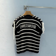 CD 25 Striped One-shoulder Knitted Short-sleeved Top Black Cotton