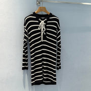 CD 25 Striped Knitted Long-sleeved Dress Black Cotton