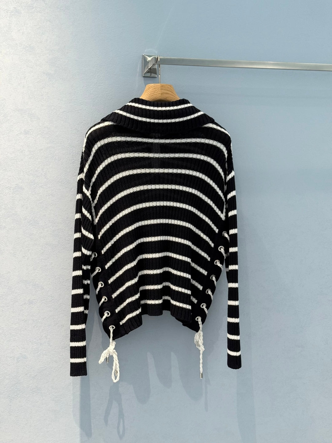 CD 25 Striped Knitted Long-sleeved Top Black Cotton