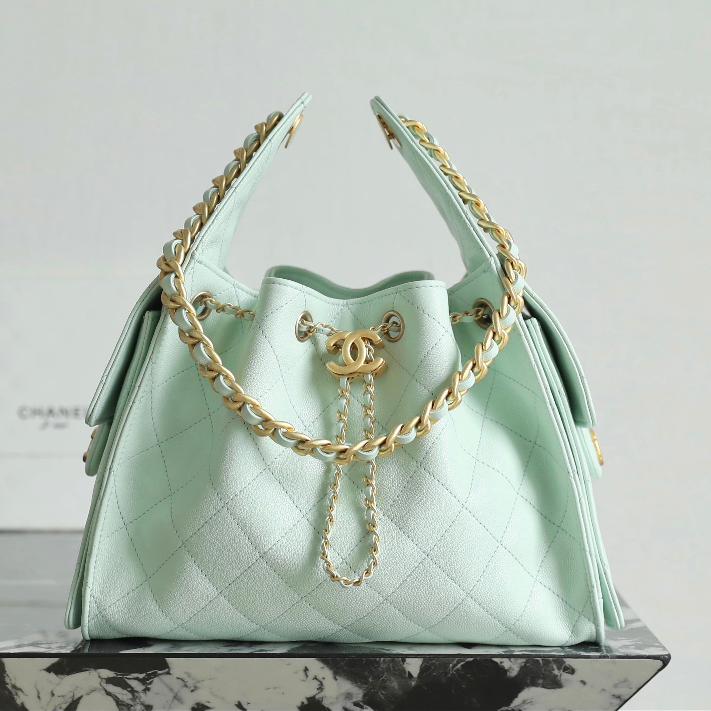 Chanel 2025 Hobo Bag 30cm Light Green Caviar Leather 338737