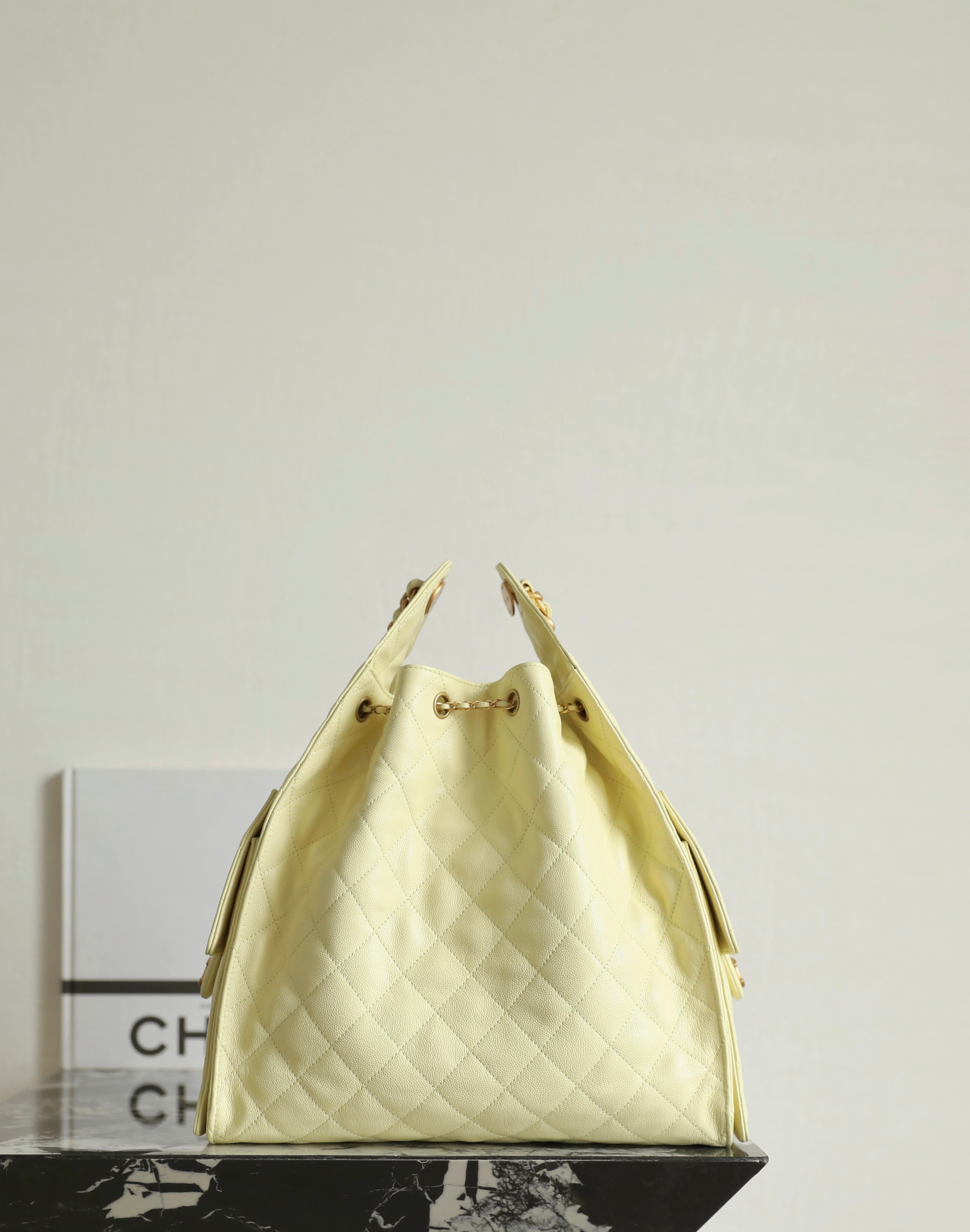 Chanel 2025 Hobo Bag 40cm Light Yellow Caviar Leather 344300