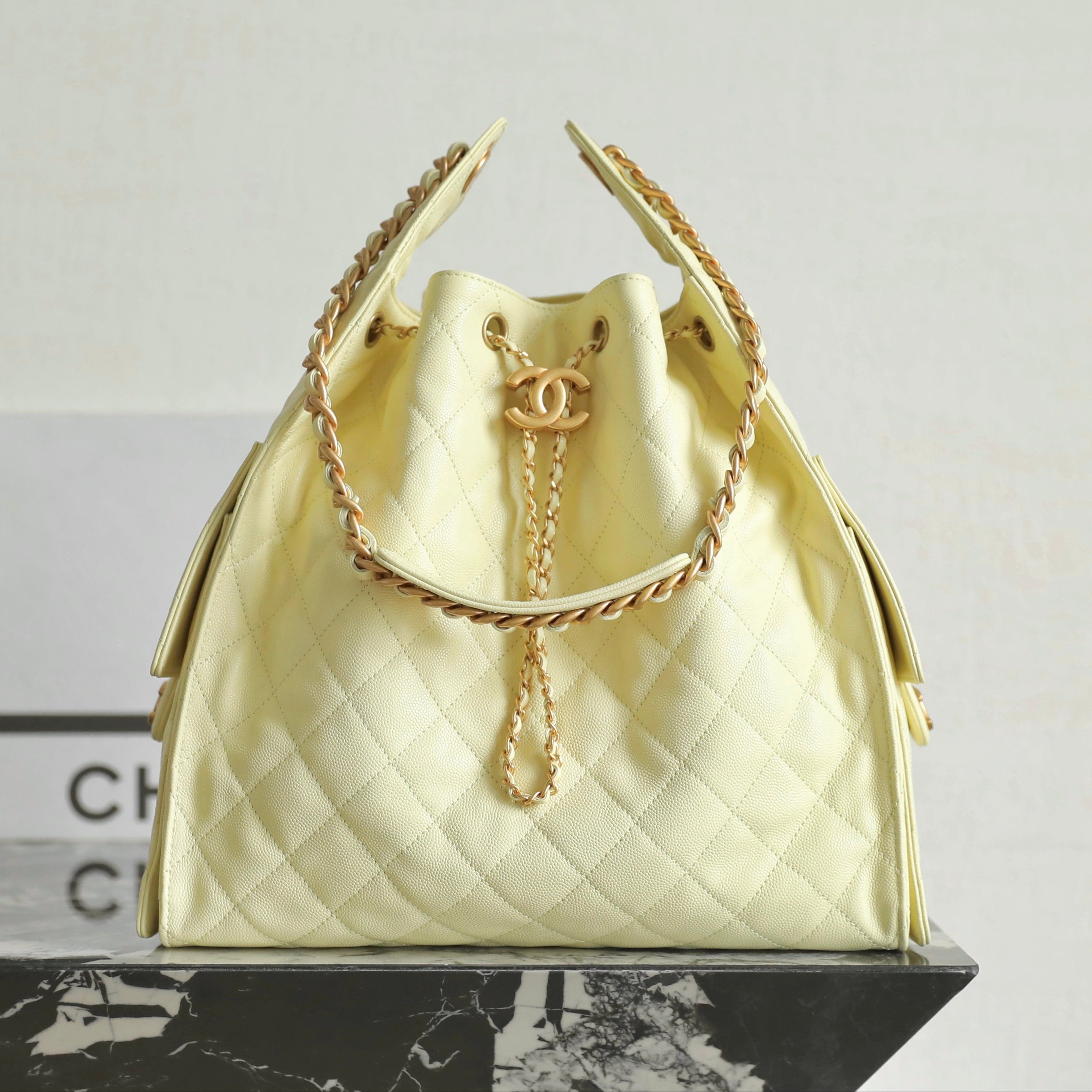 Chanel 2025 Hobo Bag 40cm Light Yellow Caviar Leather 344300