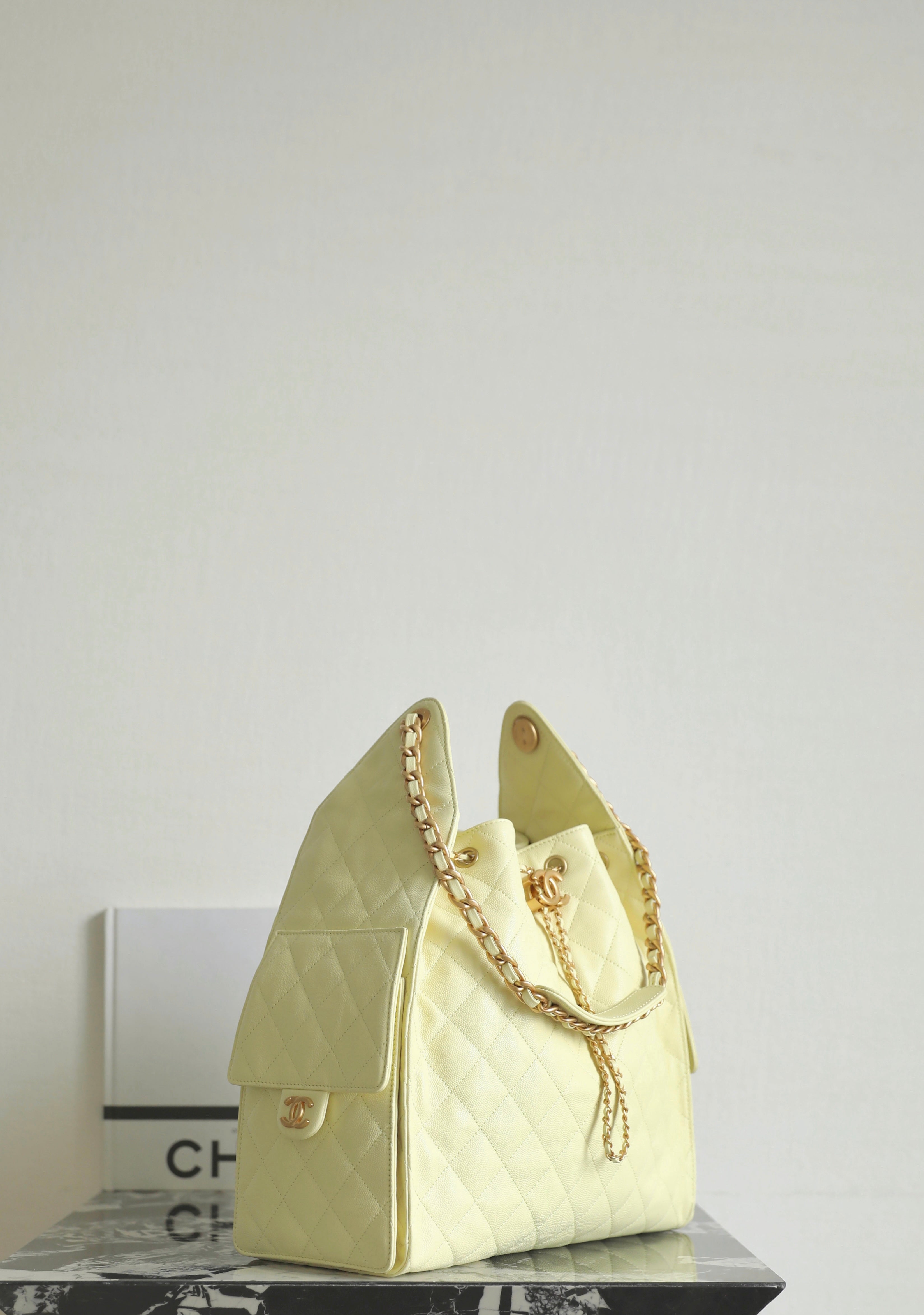 Chanel 2025 Hobo Bag 40cm Light Yellow Caviar Leather 344300