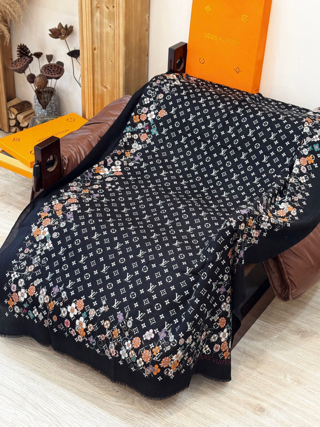 LV x TM Monogram Superflat Flowers 200cm Black Multicolor Silk 969171
