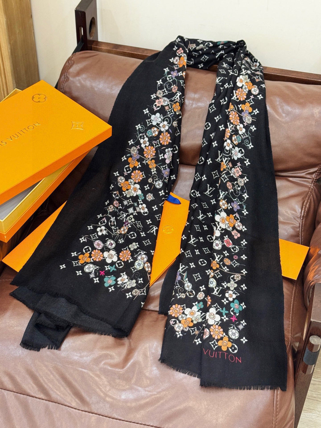 LV x TM Monogram Superflat Flowers 200cm Black Multicolor Silk 969171