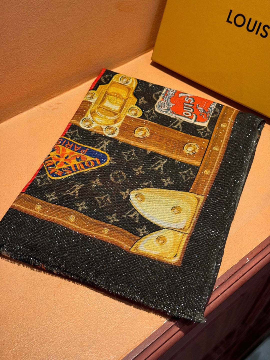 LV Silver Thread Long Scarf 200cm Black Brown Cashmere 969180