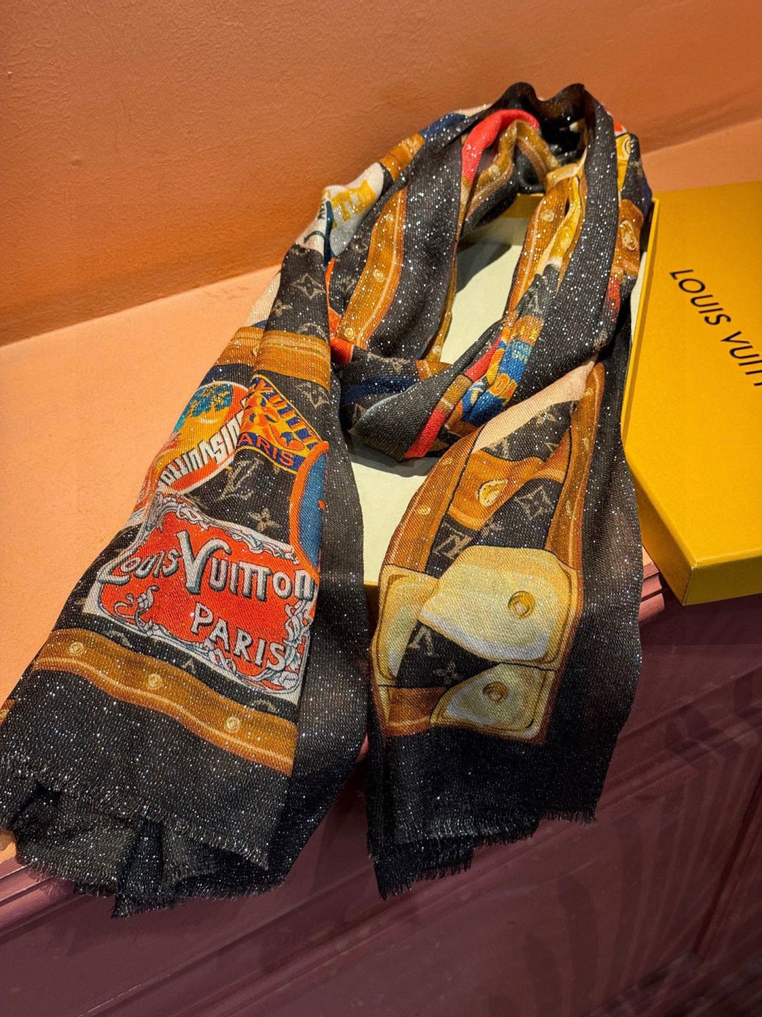 LV Silver Thread Long Scarf 200cm Black Brown Cashmere 969180