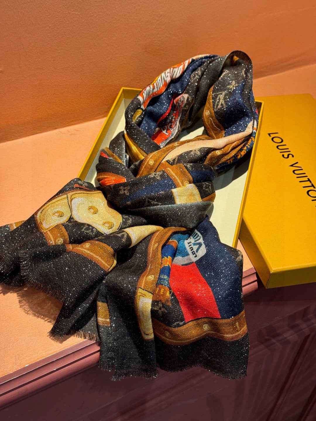 LV Silver Thread Long Scarf 200cm Black Brown Cashmere 969180