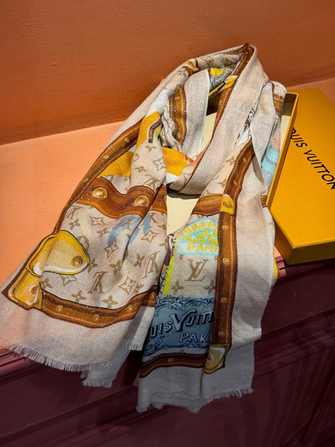 LV Silver Thread Long Scarf 200cm Beige Brown Cashmere 969181