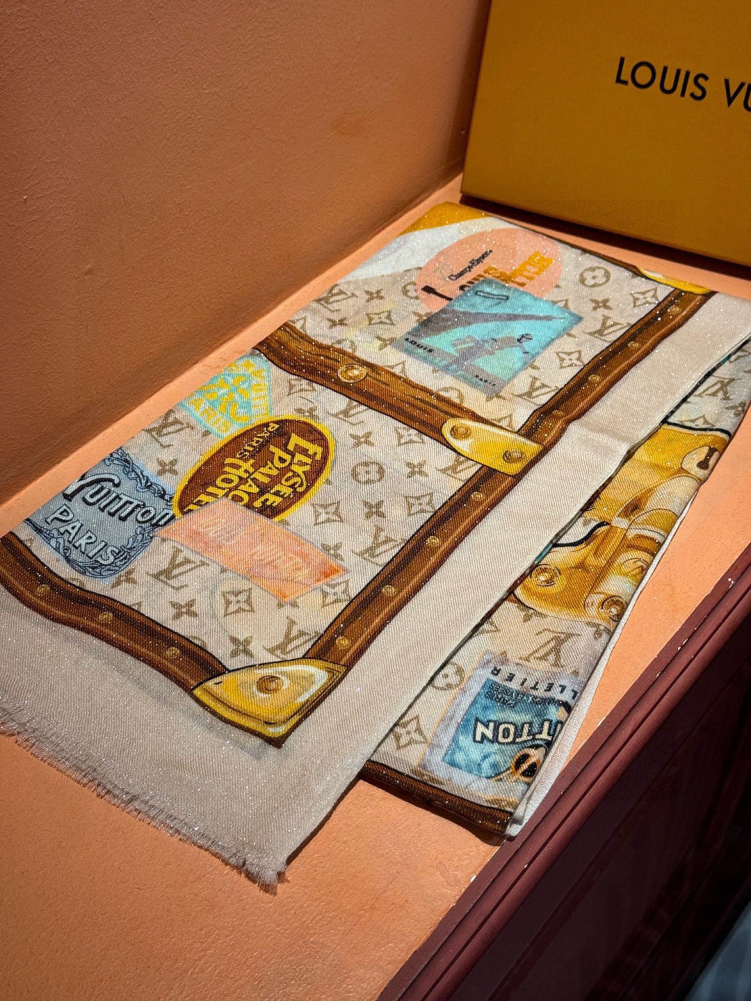 LV Silver Thread Long Scarf 200cm Beige Brown Cashmere 969181